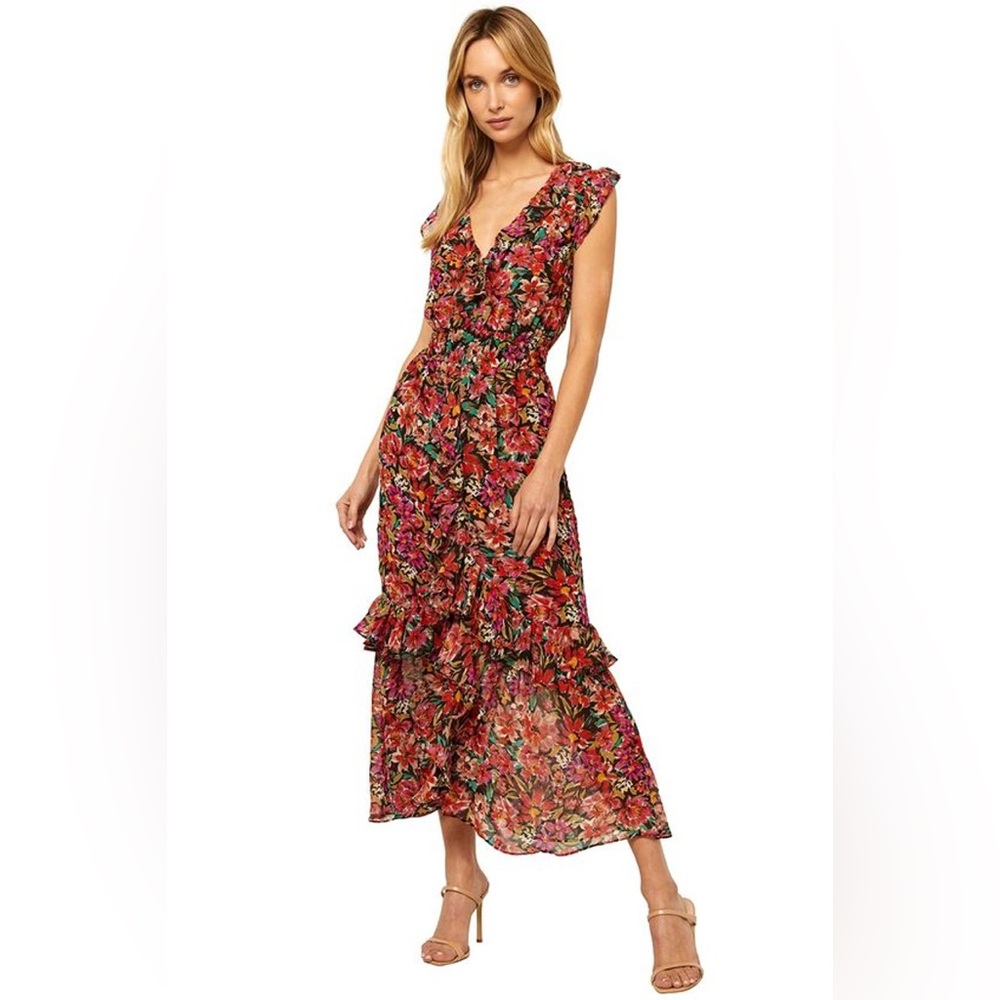 Misa Los Angeles Red and Pink Floral Midi Dress